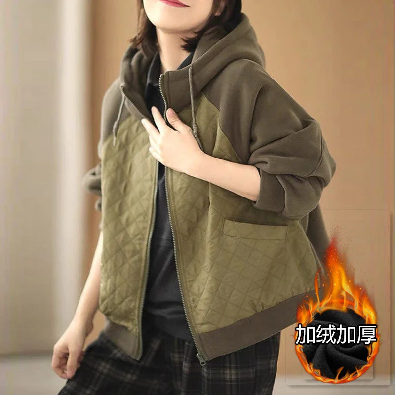 Spring Autumn Women Hooded Sweatershirt Short Cardigan Female New Literature and Art Casual Loose Diamond Plaid Panel Jacket Top