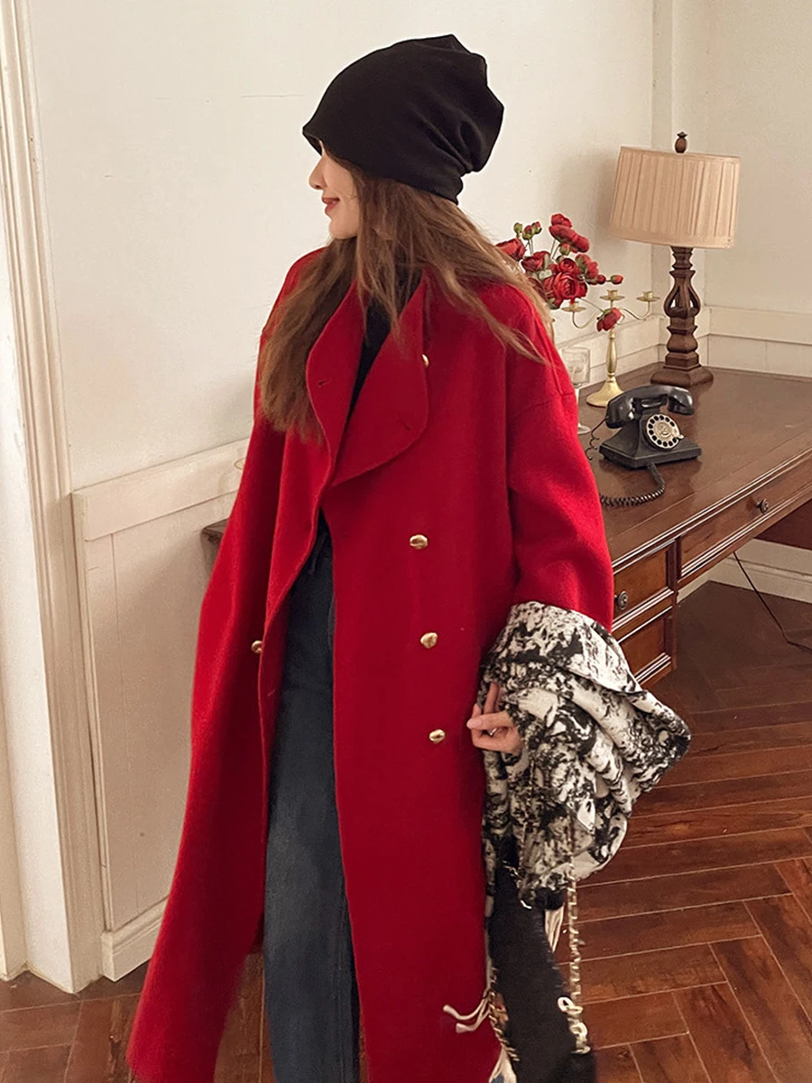 

Женское двустороннее шерстяное пальто Ele средней длины в корейском стиле, зимняя верхняя одежда, красный праздничный цвет для Нового года