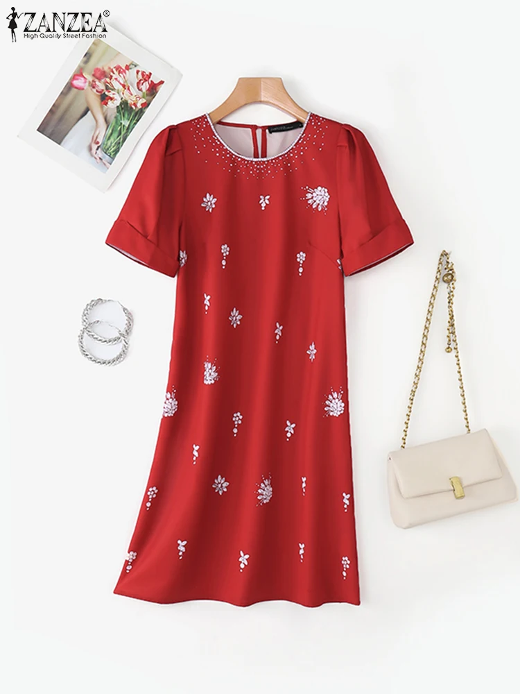 ขนาดบวก 5XL ZANZEA ฤดูร้อนผู้หญิงโบฮีเมียนดอกไม้พิมพ์ชุดมินิเดรสแฟชั่นแขนสั้นปาร์ตี้สั้นหรูหราเดรส