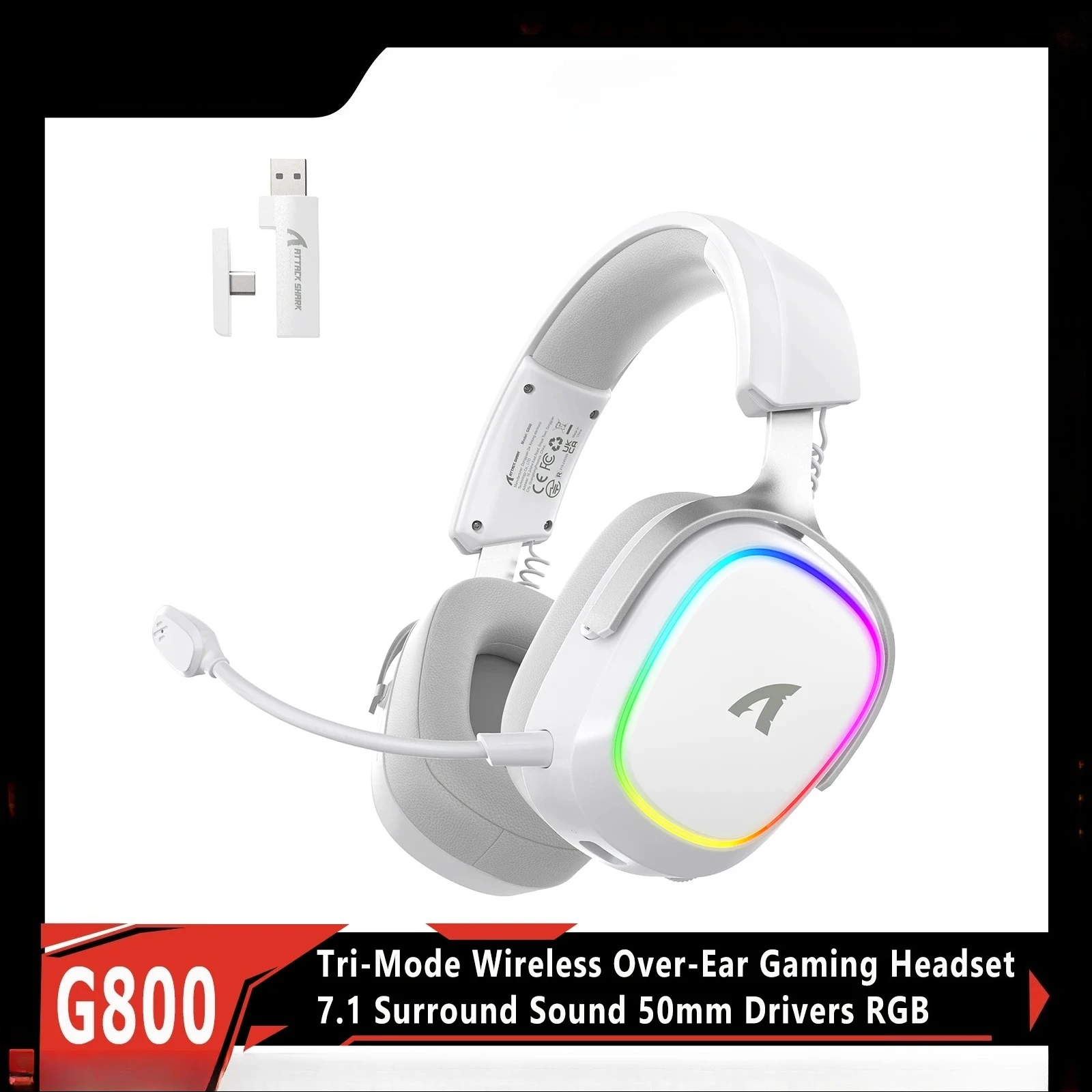 

ATTACK SHARK G800 Wireless RGB Gaming Headset:7.1 Surround Sound-50mm Drivers-Memory Foam Ear Pads,Wired/2.4Ghz/BT
