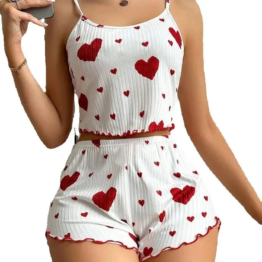 

Summer Sleepwear Women Heart Print Relaxed Fit Pajama Set Round Neck Backless Crop Cami Top and Shorts Set Loungewear