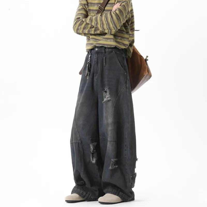 

Мужские потертые рваные джинсы с изогнутыми ножками, модные американские широкие повседневные брюки, уличная одежда, джинсовая одежда