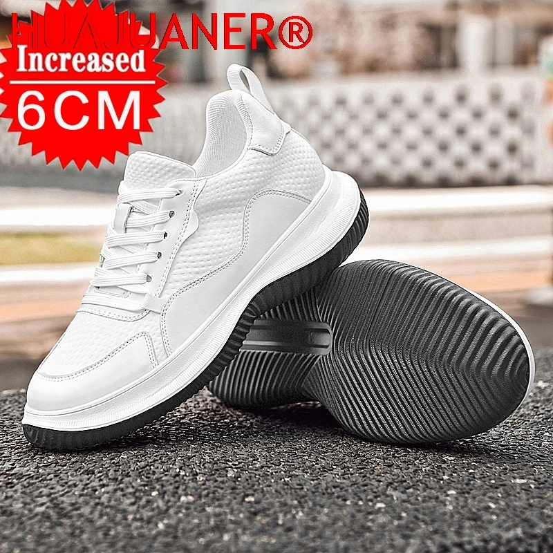 Men Leather Sneakers With Thick Soles Invisible Inner Height Increasing Leather Shoes Outdoor Casual Sports Shoes white/black