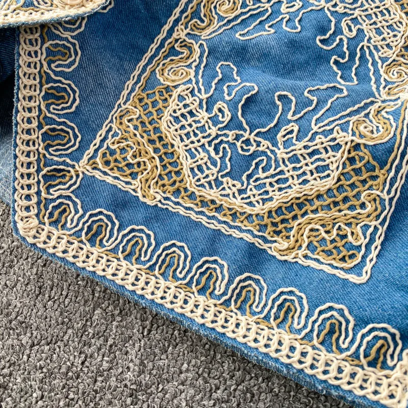 ANJY New Women Waistcoat Woven Embroidered V-Neck Single Breasted Contrast Color Elegant High Street Ins Short Denim Tops A10165