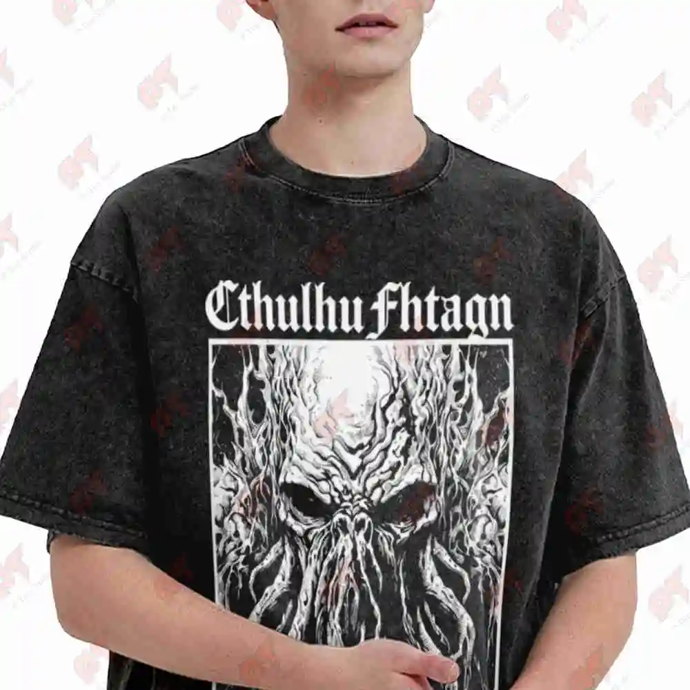 Cthulhu Fhtagn Gothic Horror Vintage Washed Tee Pure Cotton T-Shirt