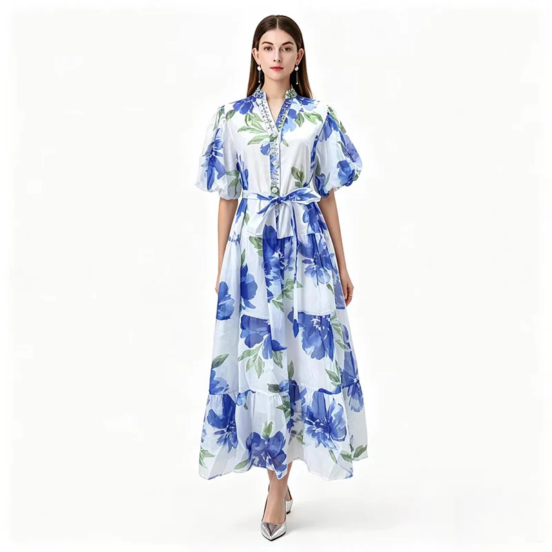 

Women's Summer Holiday V-Neck Maxi Dress with Crystal Beading Lace up Chiffon Long Dress for Lady Party Floral Print