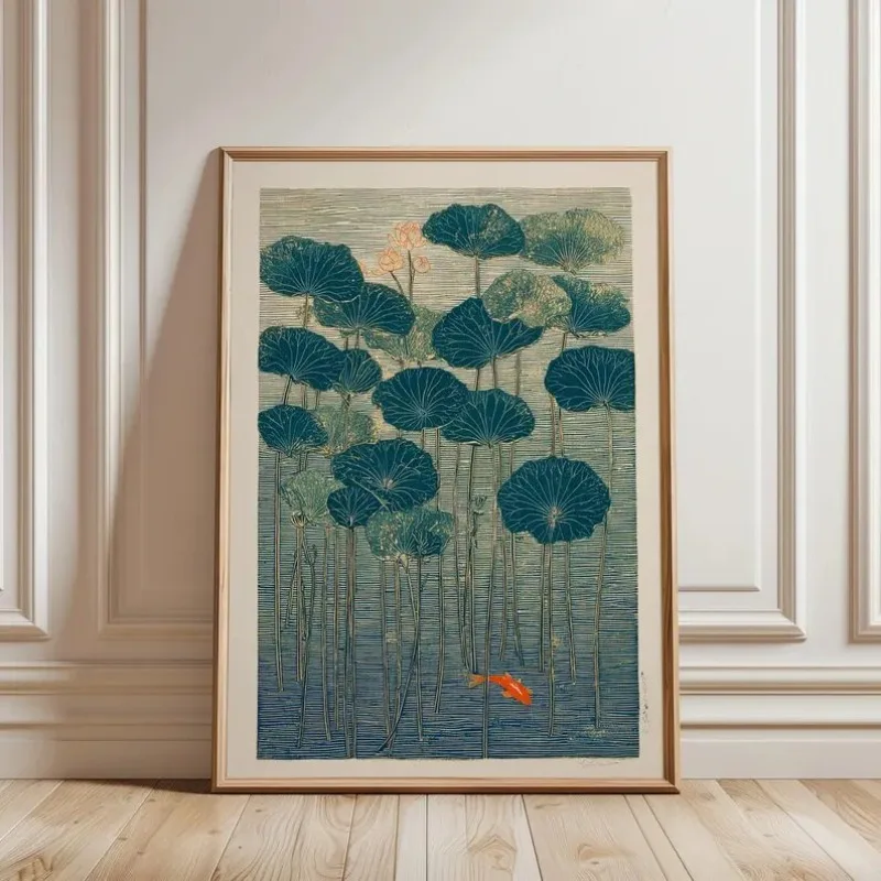 1pcs(No frame) Japanese Lotus Art Print, Minimalist Zen Wall Art, Vintage Botanical Poster, Asian Inspired Home Decor, Serene Na