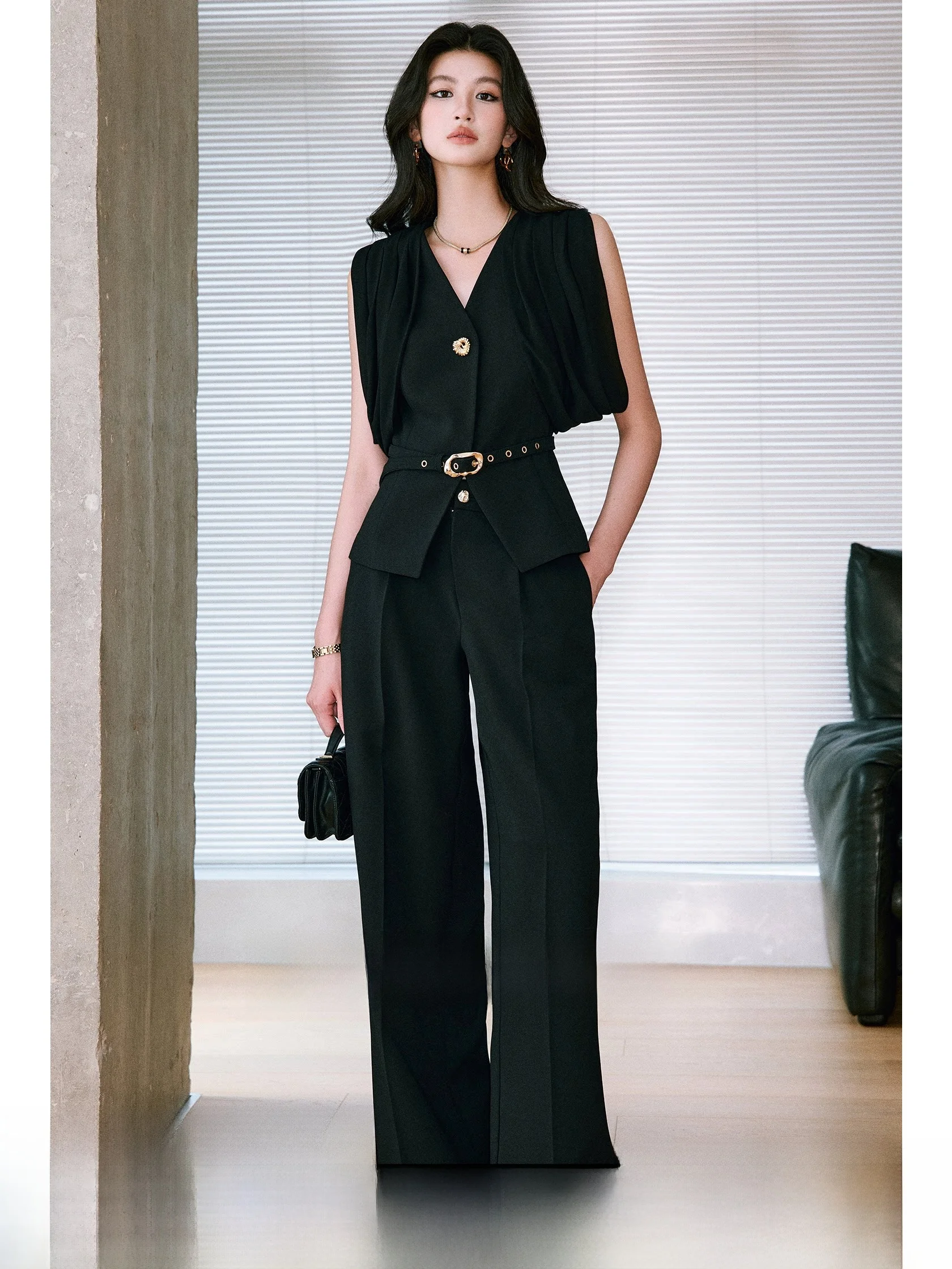 WANGXO Smart Chic V-Neck Waist-Cinched Blouse And Vest Set Autumn Fashion Straight Leg Pants Ensemble Women's Two-Piece Suit