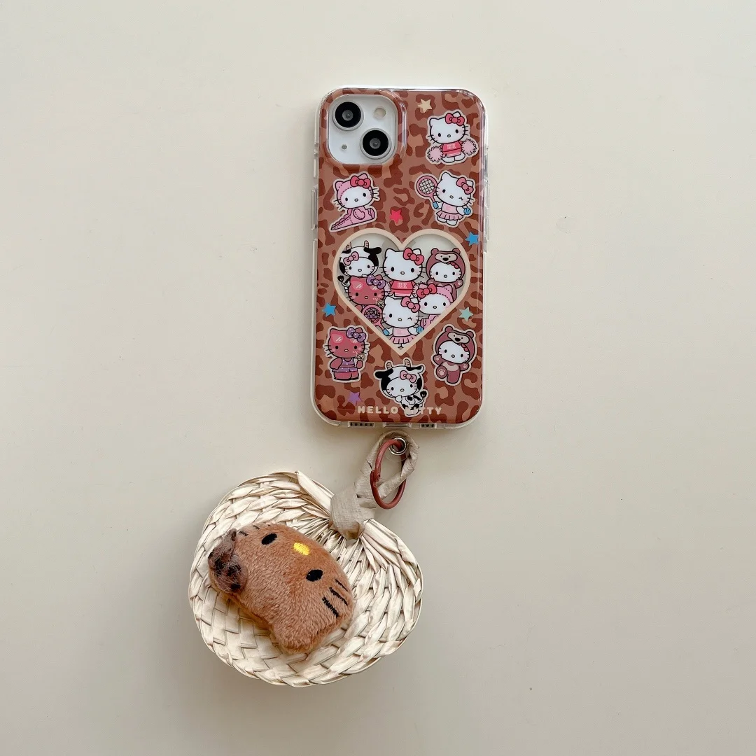Hello Kitty Leopard Print Heart Phone Case For iPhone 16 Pro Case iPhone 13 14 15 16 Pro Max 3D Plush KT Doll KeyChain Cover