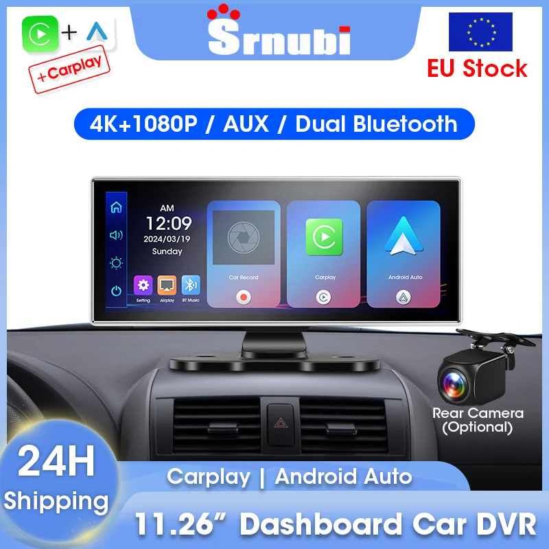 Srnubi 11.26 "4K + 1080P Auto DVR Dashcam Retrovisore Carplay Android Auto Lettore di Navigazione GPS Dual Len Registratore Cruscotto 24H Parco