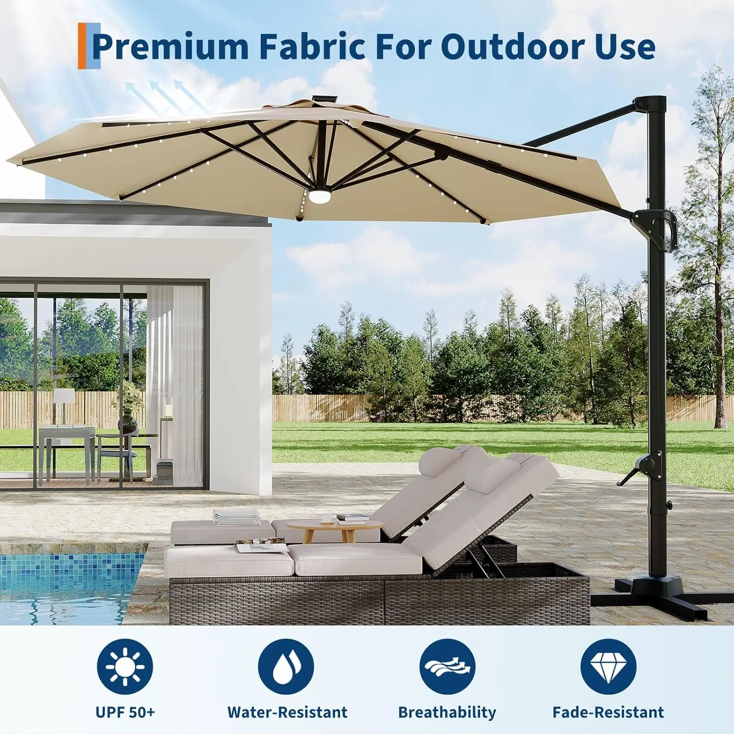 مظلة فناء ناتئ بطول 10 أقدام مع أضواء شمسية تدور 360 درجة سهلة الميل كرنك ضبط حماية من الأشعة فوق البنفسجية للخارجية #6