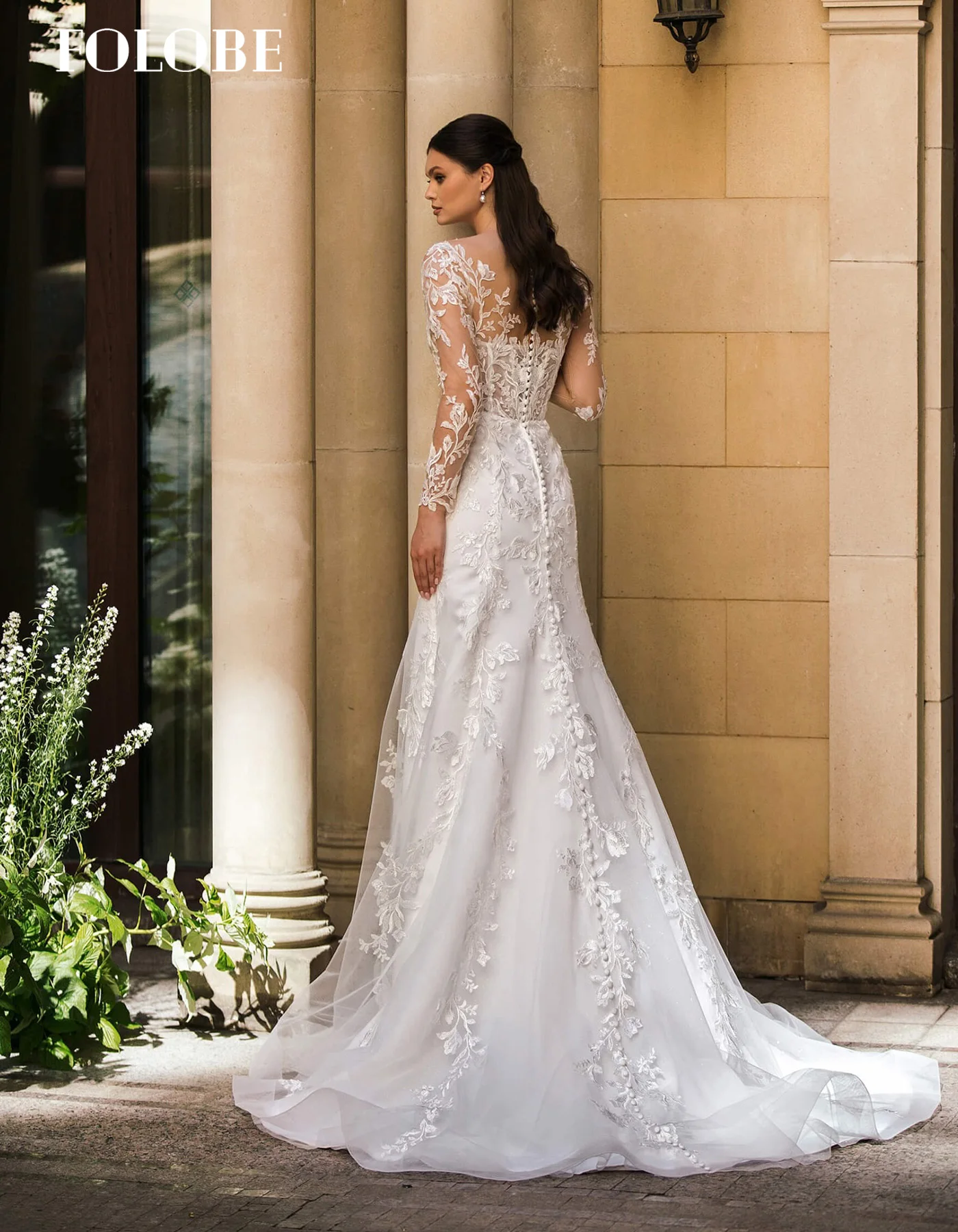 FOLOBE col en v robe de mariée exquise avec manches longues robe de bal sirène balayage Train robe de mariée vestidos de noche personnalisé