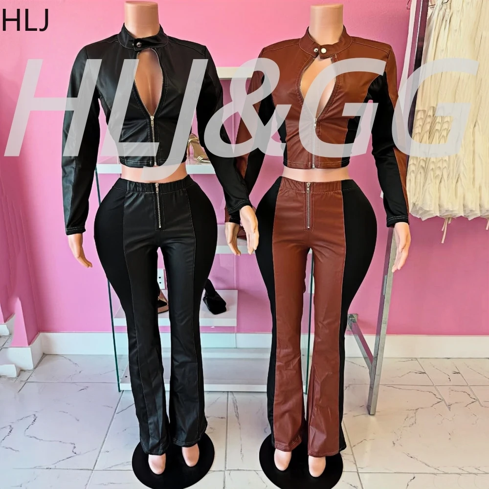 

HLJ Autumn New Leather Patchwork Two Piece Sets Women Zip Long Sleeve Slim Top And Skinny Pants Outfits Fashion 2pcs Tracksuits