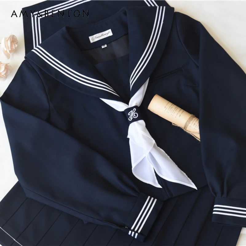 

Japanese JK Uniform College Style Summer and Autumn Dark Long Sleeves Scarf Sailor Collar Tops Mini Pleated Skirt Suit For Girls