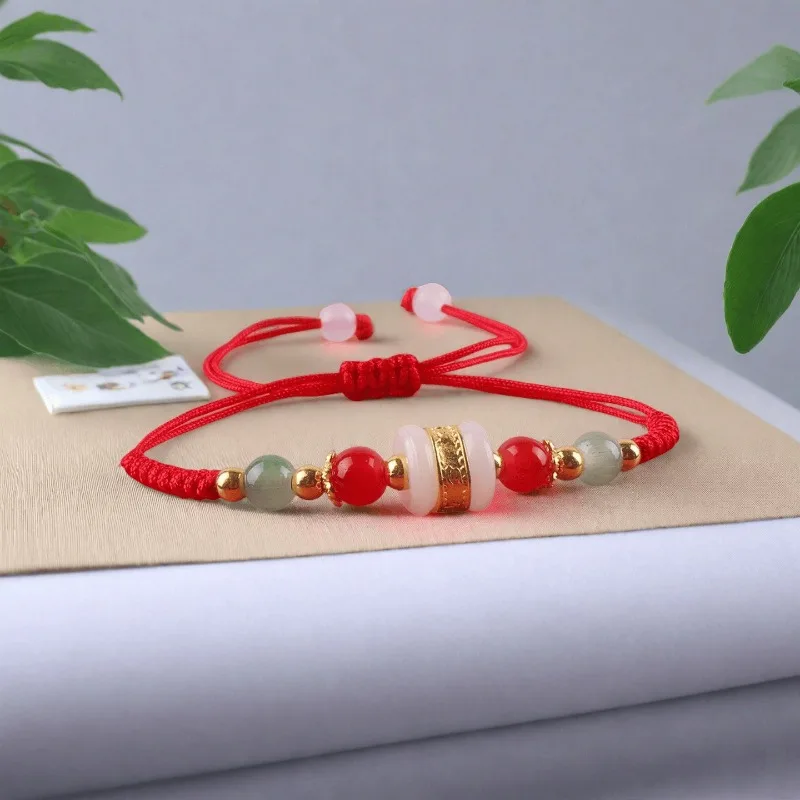 

Natural Hotan Jade Lucky Beads Bracelet Hand Knitting Charm Real Jewelry Beads Bangle Gemstone Talismans Accessories Gifts Women