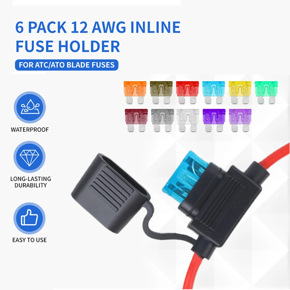 

6 Pack Inline Fuse Holder 12V, 12 AWG Waterproof Fuse Holder with Standard Car Fuses (2A/3A/5A/7.5A/10A/15A/20A/25A/30A/35A/40A)