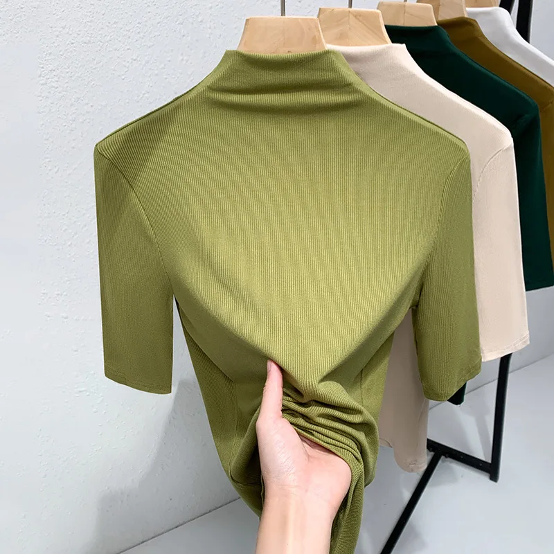 Threaded Base Shirt For Women  New Fashion Half Turtleneck Solid Color T-Shirt Elegant Inner Wear Five-Sleeve Top