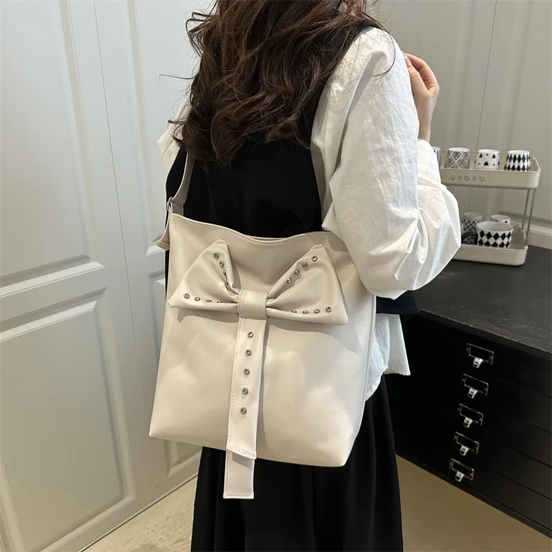

2025 Summer Studded Bow Tote Bag Stylish Shoulder Crossbody Purse for Women Trendy Casual Handbag Fashionable