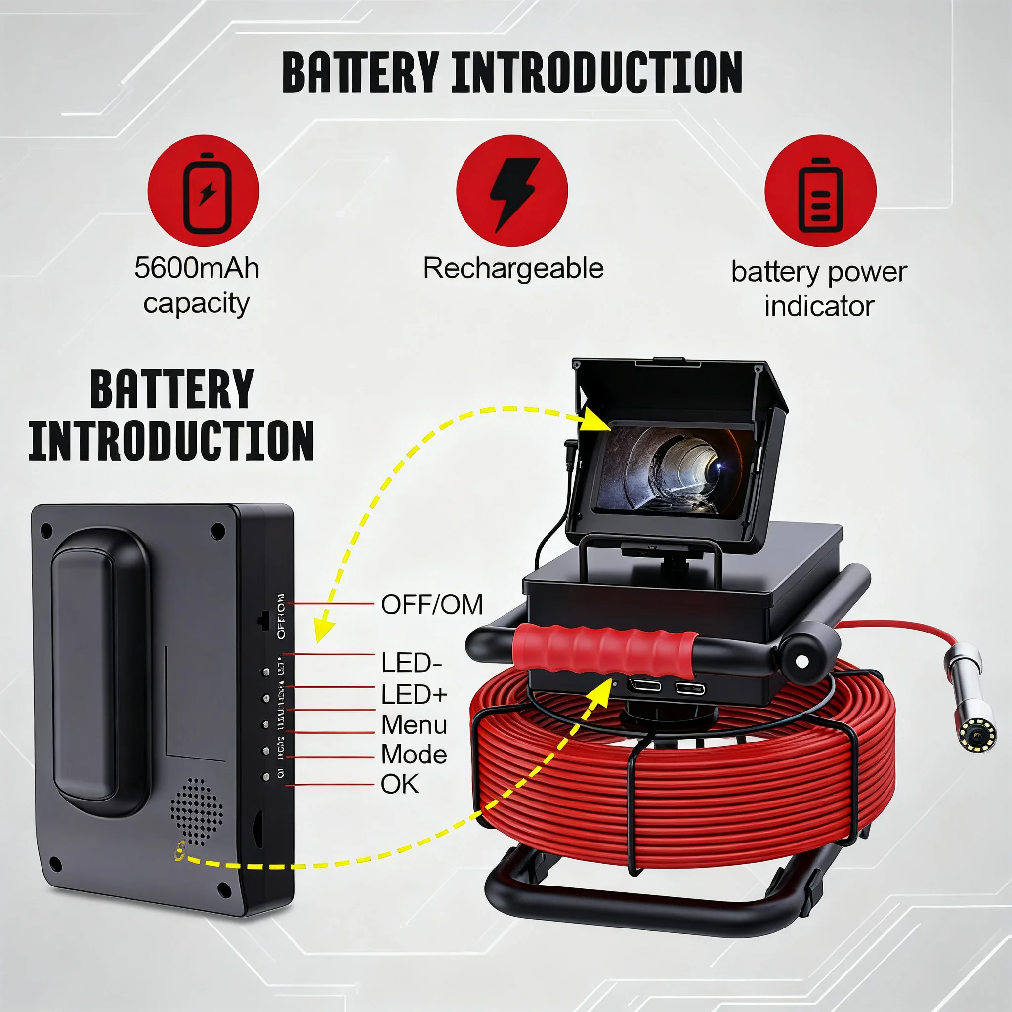 Sewer Pipe Inspection Camera IP68 Waterproof Industrial Endoscope with 5600mAh Battery HD 1000TVL Camera DVR 17MM - Image 5