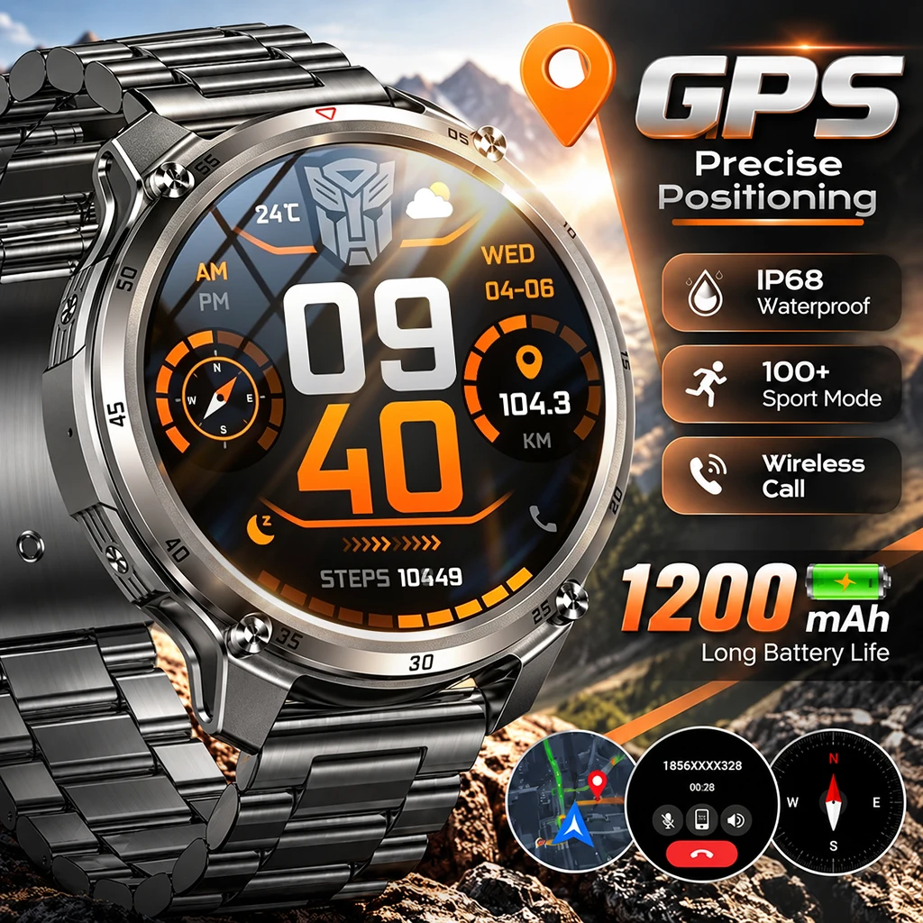 2026 New Outdoor Men 1200mAh Large Battery Smart Watch GPS Compass IP68 Waterproof LED Flashlight Transformers Sports Smartwatch