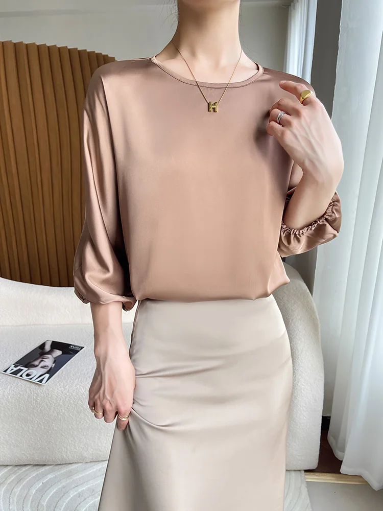 Women's Silk Half Sleeved Shirts, O-neck, Monochromatic, Large Satin, Short Sleeves, Loose, Casual, Summer, Solid Champagne