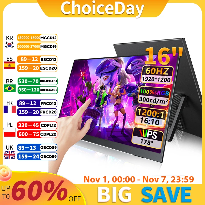 16" FHD Tragbarer Touch-Monitor Externes Display IPS 1200P Bildschirm USB C Mini-HDMI für Laptop Mac PC Xbox PS Switch mit VESA-Loch