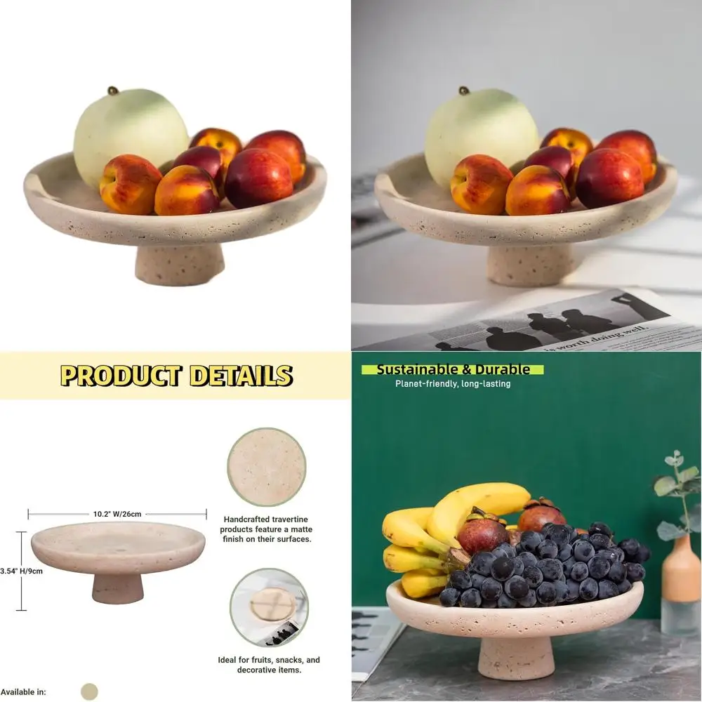 

Large 10.2 Natural Travertine Fruit Bowl - Elegant Decorative Pedestal for Kitchen & Dining Table, Ideal for Entryway, Fruits, P