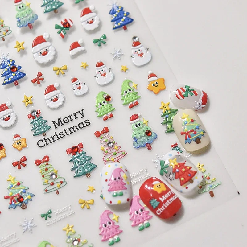 Green Pink Merry Christmas Tree Gingerbread Bowknot Socks Star Santa Hat Snowflake Deer Winter Nail Art Stickers Manicure Decals