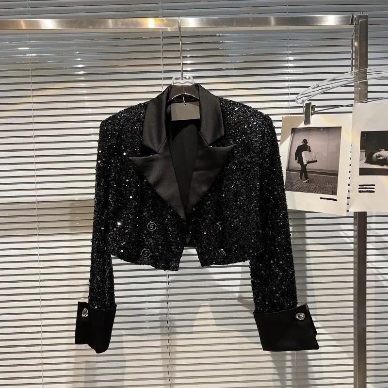 السترات النسائية ملابس امرأة صغيرة عالية الترتر معطف قصير الإناث الخريف مزاجه على الانترنت المشاهير دعوى طوق معطف لامع