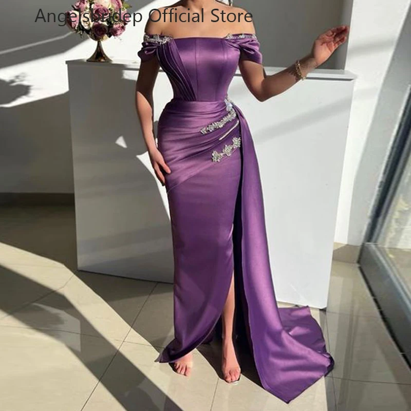 

Angelsbridep Satin Prom Dresses Purple Leg Slit Mermaid Evening Gowns Sparkly Crystals Party Dress Vestidos De Ocasión Formales