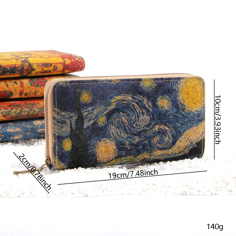 Classic Oil Painting Theme Long Wallet, Starry Sky Pattern Clutch Coin Purse, Retro Ultra-light Cork Texture Credit Card Holder