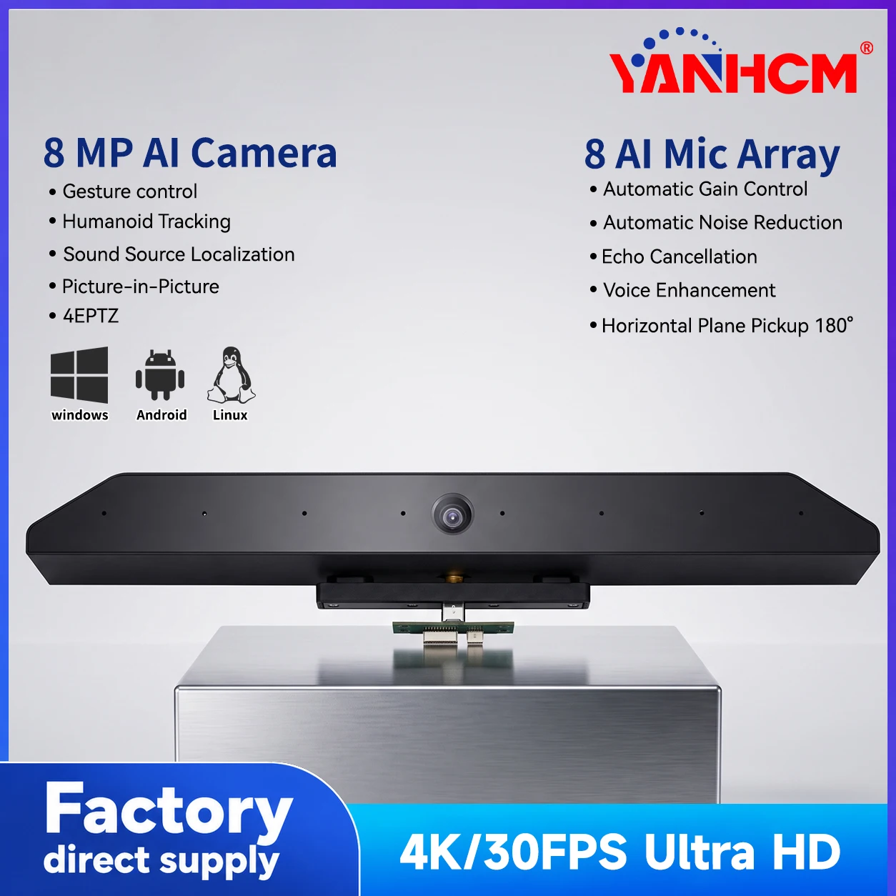 8MP Webcam Camera 1080P 4K 30FPS HD 8 Array Mic AI Tracking 4X EPTZ Video Conferencing System Interactive Flat Panel Display