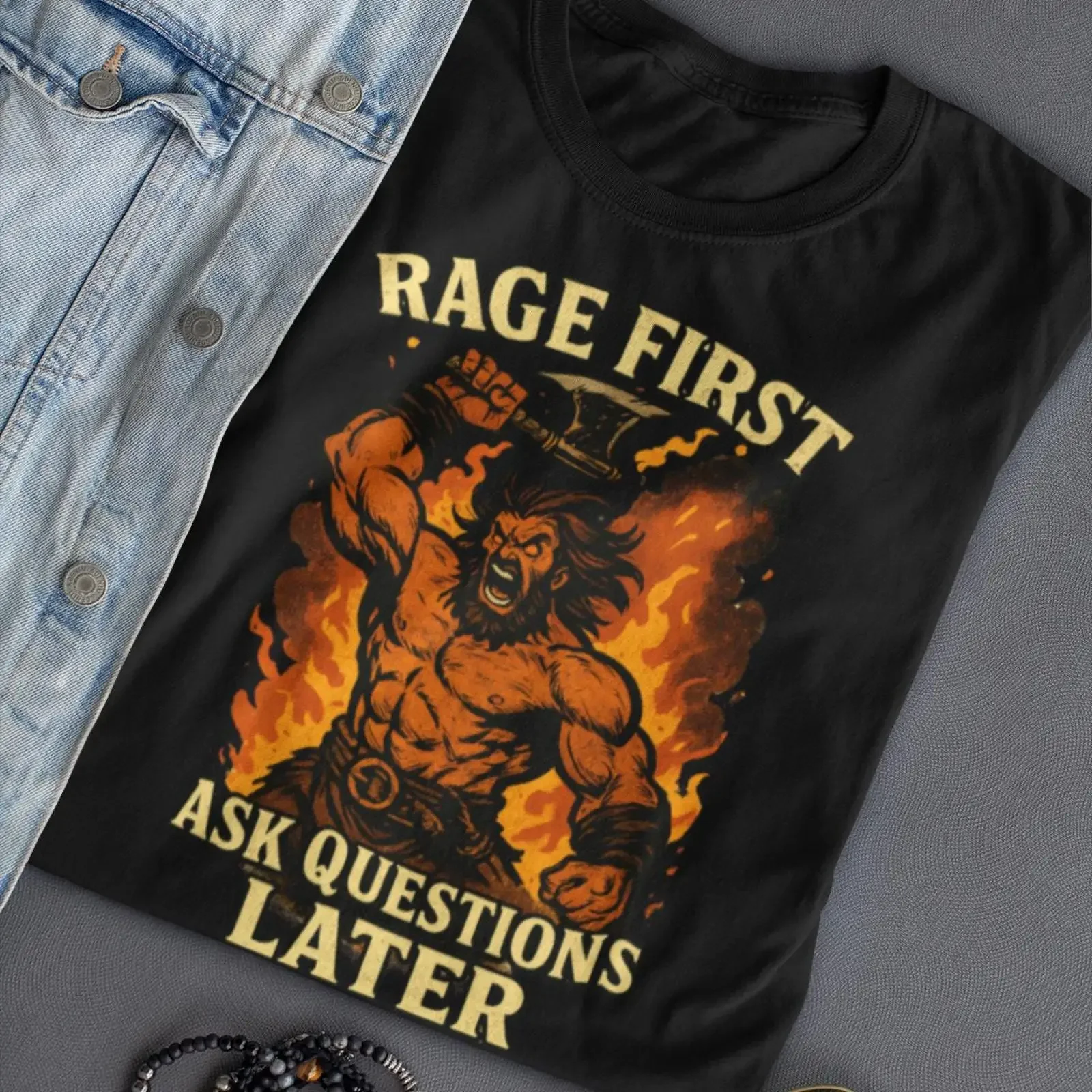DnD Barbarian T Shirt Rage First Ask Questions Later Gamer  vintage Washed Stylish Soft Slightly Breathable Casual streetwear
