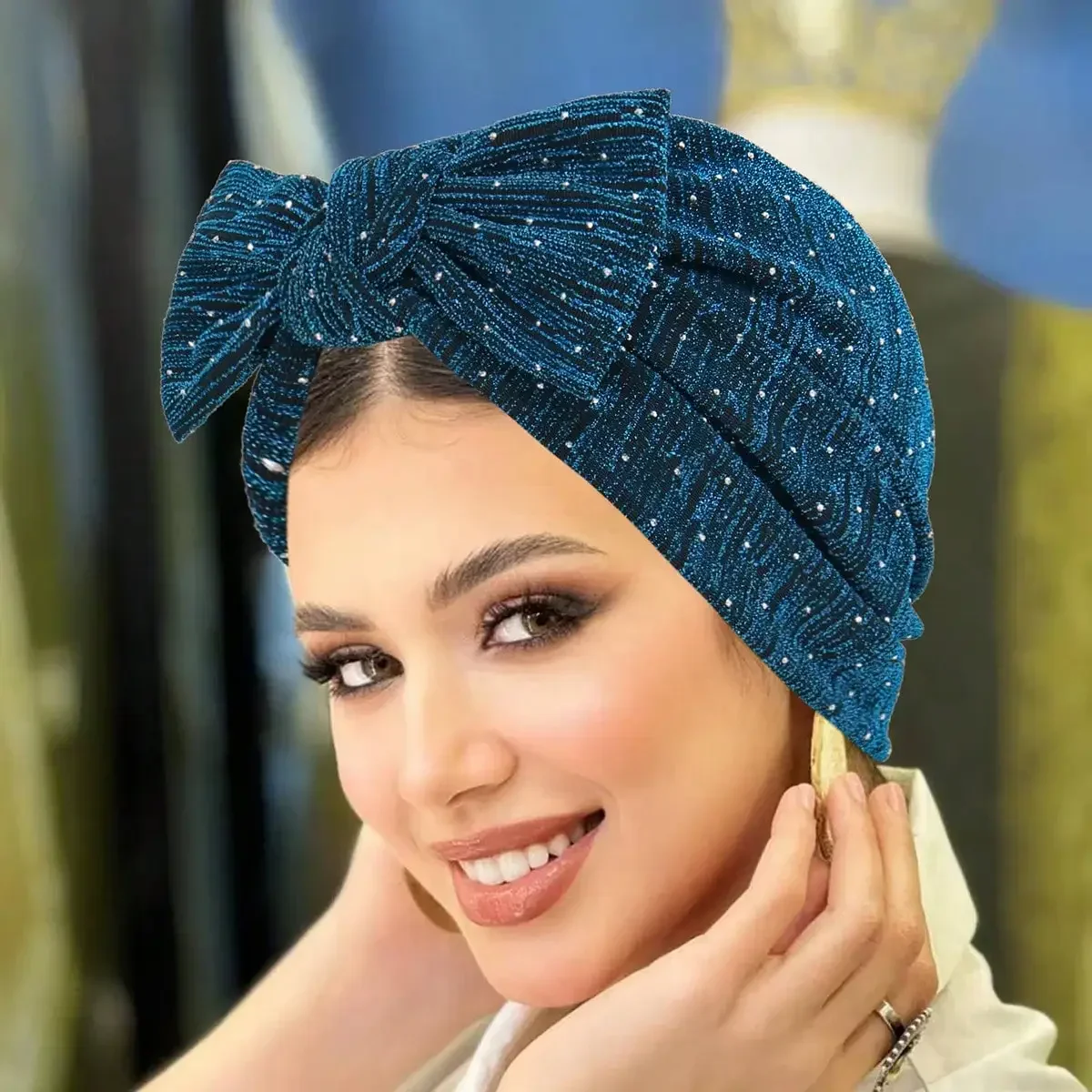 

2026 Shiny Bow Turban Hat – Rhinestone Accent – Women's Fashion Headwrap – Soft & Stretchy – Party / Daily Wear