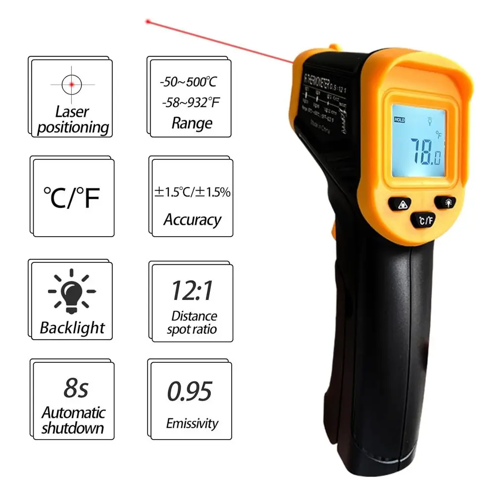 Non-Contact Infrared Cooking Thermometer with Backlight, -50°C to 500°C, Handheld Laser Temperature Gun for BBQ and Pizza Ovens
