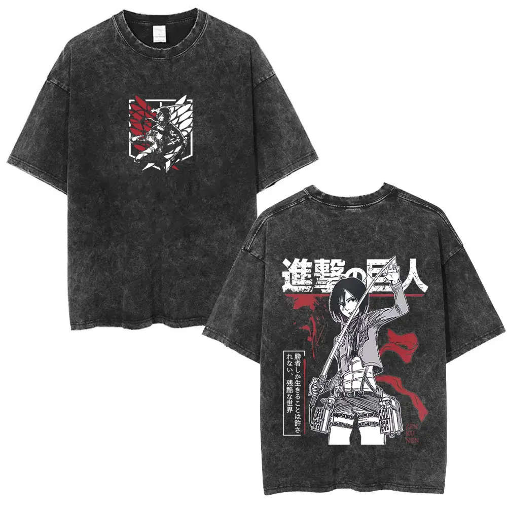 Washed Vintage Anime Attack on Titan Mikasa Ackerman Merch T-shirt Men Women Manga Cosplay Oversized T Shirt Man Cotton T-shirts
