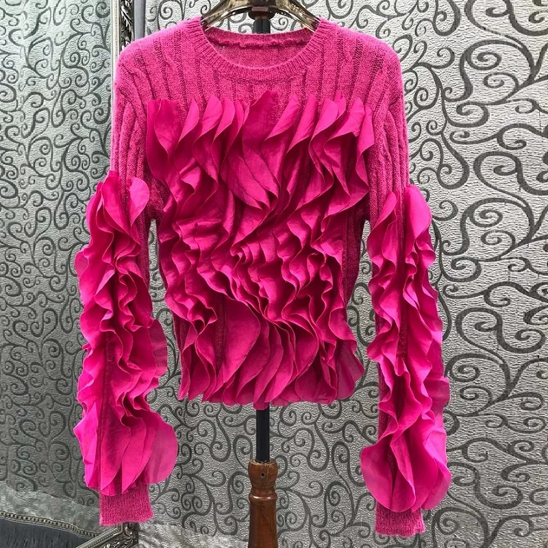 High Quality New Sweaters 2024 Autumn Winter Jumpers Ladies Ruffle Flower Knitted Long Sleeve Wine Red White Black Soft Jumper