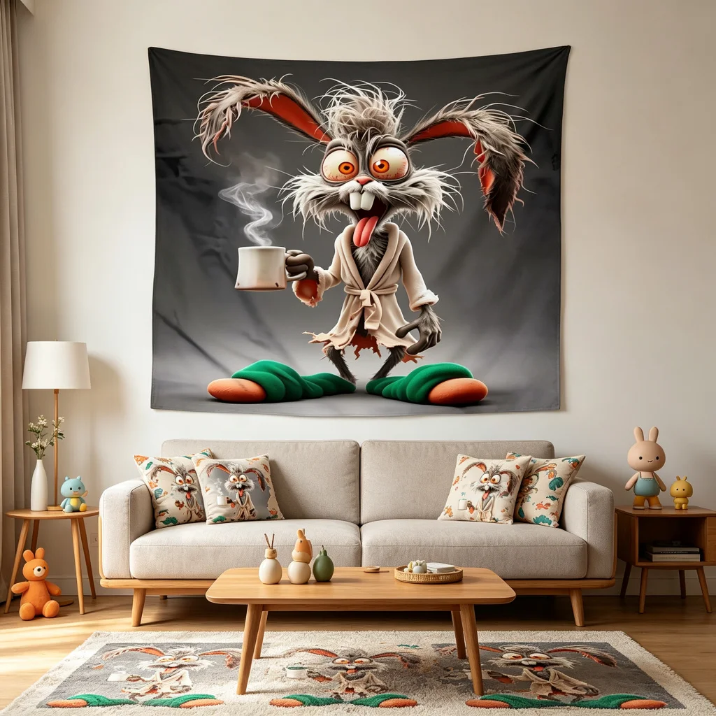 1PC Cartoon Rabbit Coffee Art Print Backdrop Banner, Bedroom Living Room Photo Background, Polyester, Home Decor, Wall Art