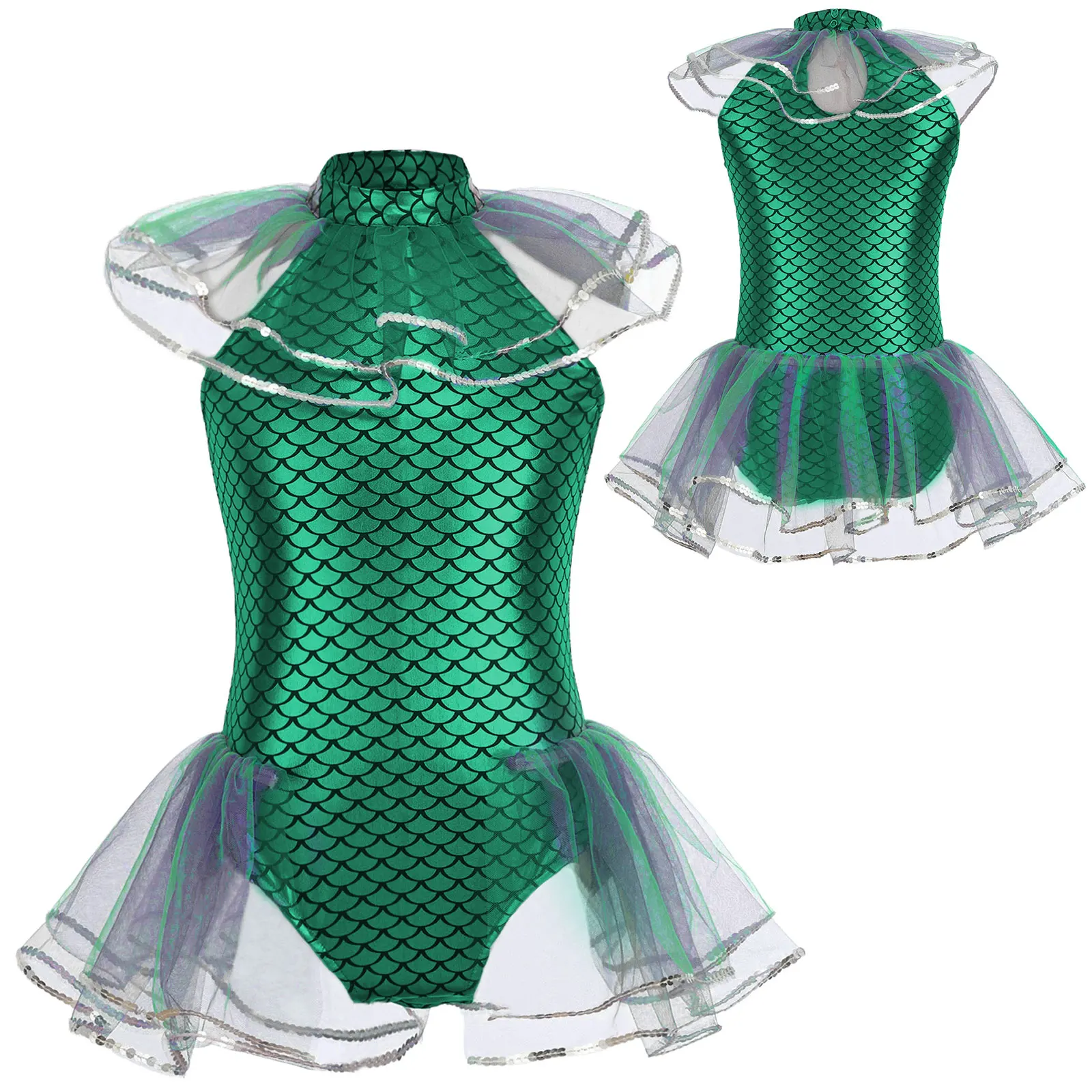 

Halloween Mermaid Cosplay Costume Sleeveless Mermaid Fish Scales Print Mesh Sequins Bodysuit with Arm Sleeves Holiday Costume