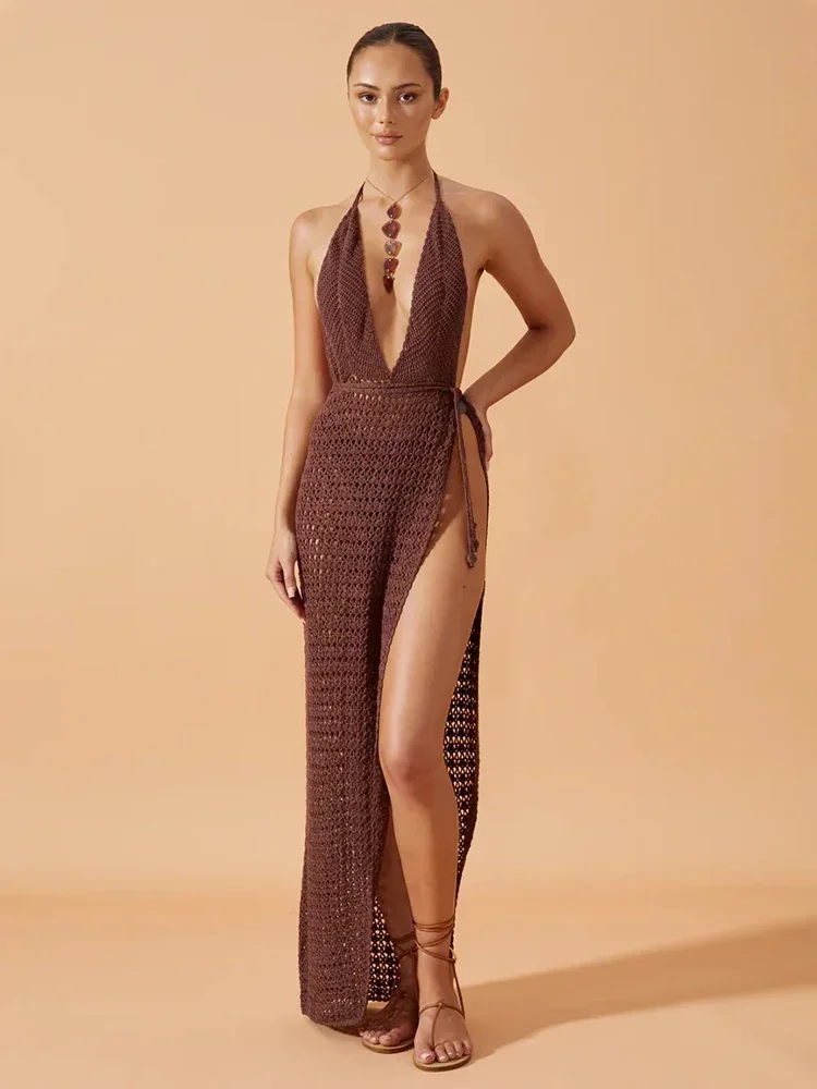 Sexy Deep V Neck Backless Knit Cut Out Slit Beach Maxi Dress 2025 Women Summer One-piece Lace-up Party Dresses Tunic A2889