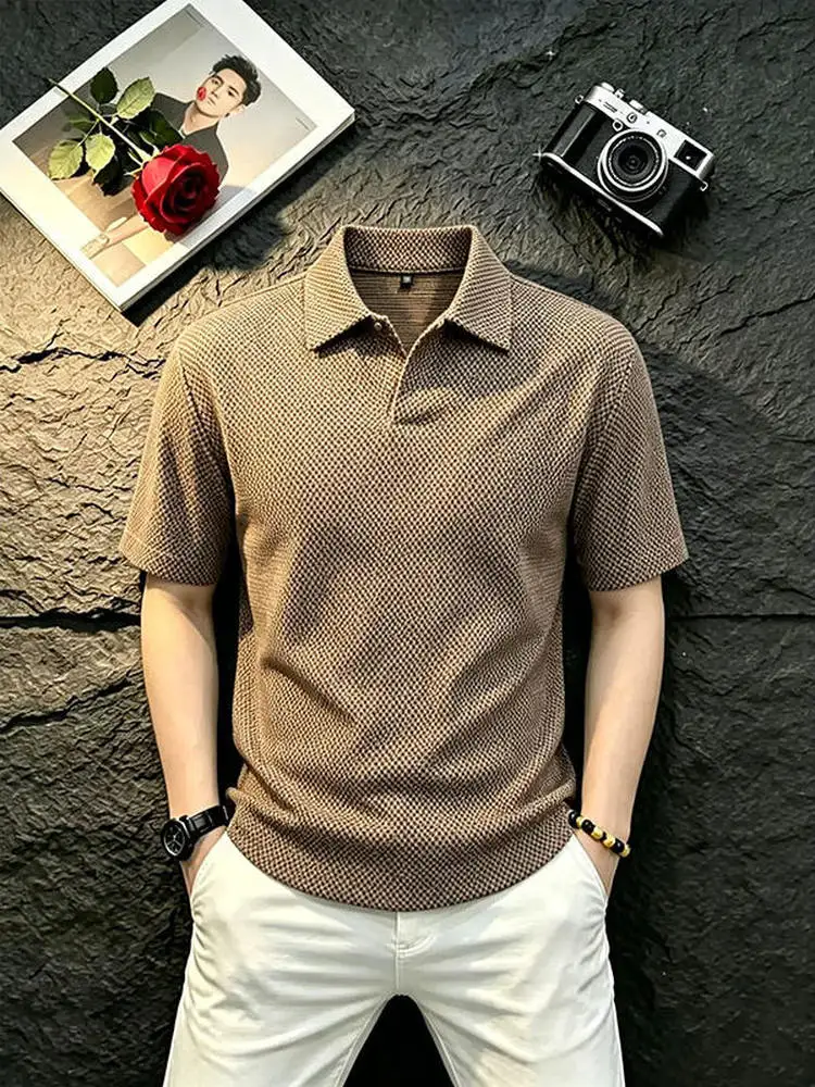 Caramel Dragon Scale Pattern Short Sleeve  Shirt Lightweight Breathable Textured Sporty O-Neck Casual Summer Top
