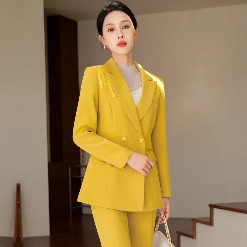 Traje amarillo de lentejuelas para mujer, Blazer de lujo, pantalones de oficina, ropa de trabajo de negocios, chaqueta Formal, abrigo elegante, pantalones, vestido de Graduación