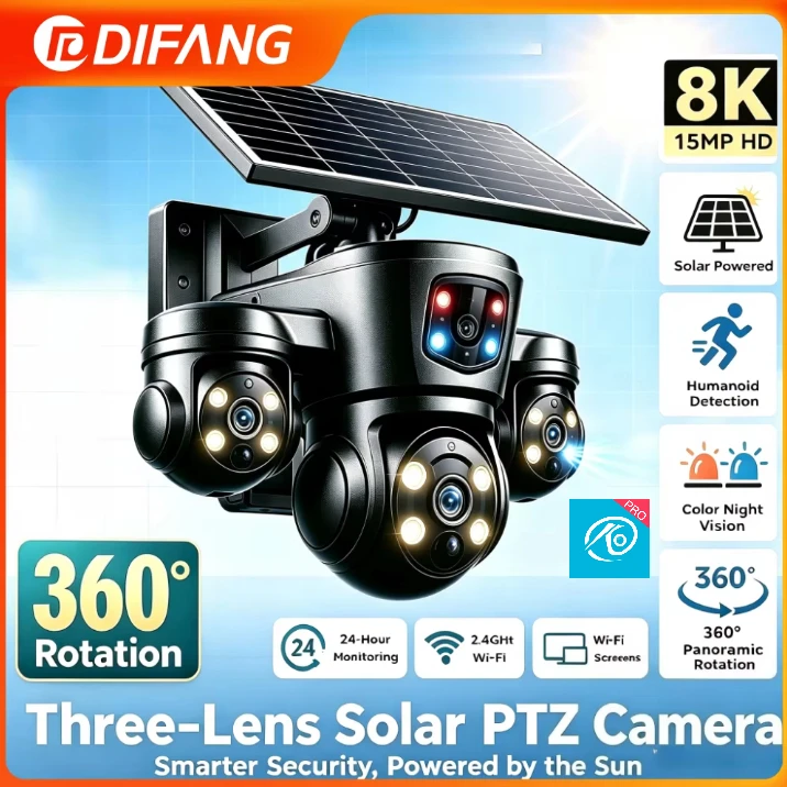 10X Optical Zoom 15MP Wifi Solar Camera Outdoor 3 Screens 3 PTZ 360° Auto Tracking IP Surveillance Camera 4G Sim O-kam Pro
