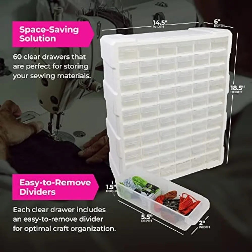 Everything Mary 60 Drawer Organizer, White - Multi-Purpose Plastic Cabinet - Small Parts Storage Containers for Craft