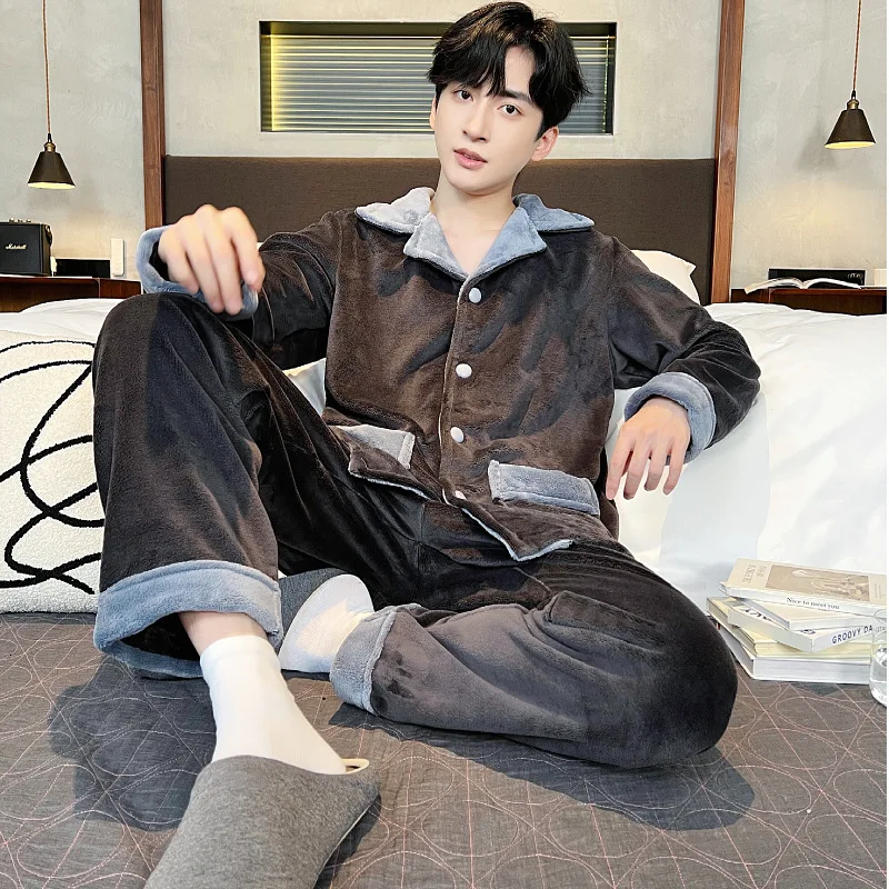 

Мужская зимняя одежда, пижамы, мужская одежда Y2K, осенняя спортивная одежда, молодежная повседневная одежда, одежда для ванной, фланель, 2 шт./компл., домашняя одежда, утепленная