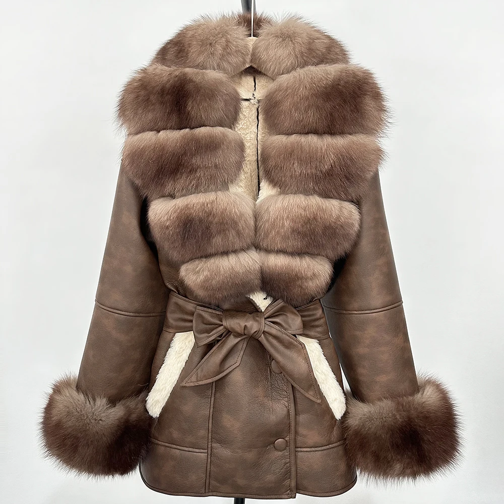 Mantel Bulu Asli Elegan Baru Musim Gugur Musim Dingin Jaket Bulu Domba Wanita 2025 Jaket Kulit Imitasi Wanita Bulu Asli Besar Pakaian Luar Hangat Atasan