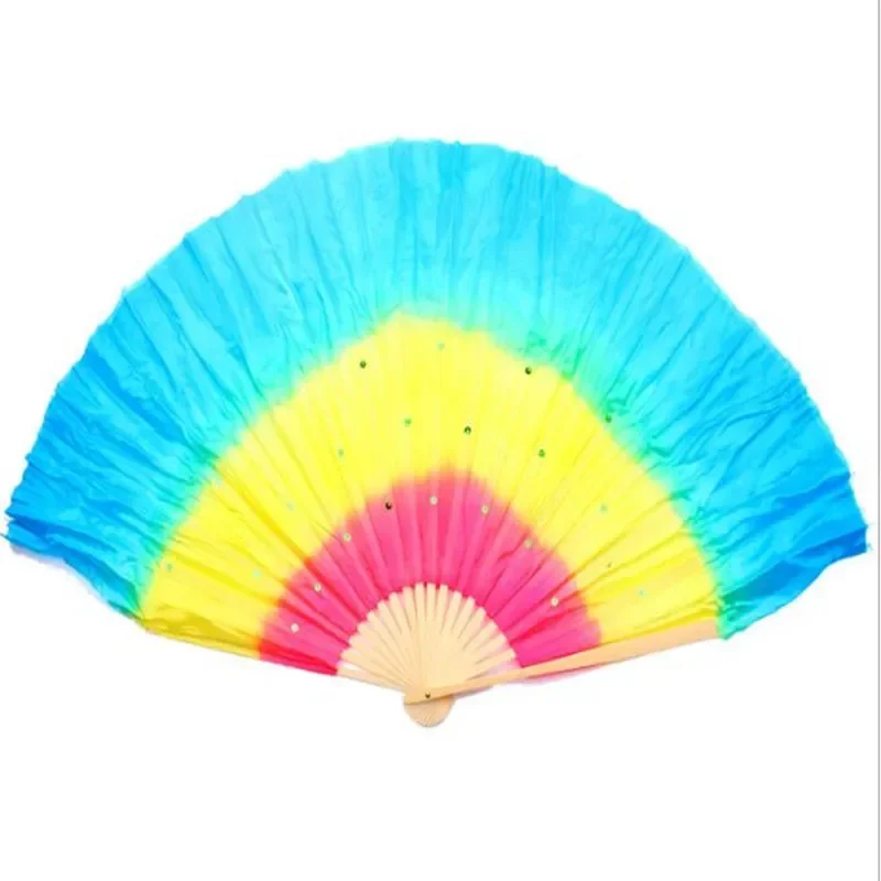 2pcs 50cm Sequine Belly Dance Fan Veils  Short Hand Bamboo Folding Fan For Belly Dancer Practice Gradient Color