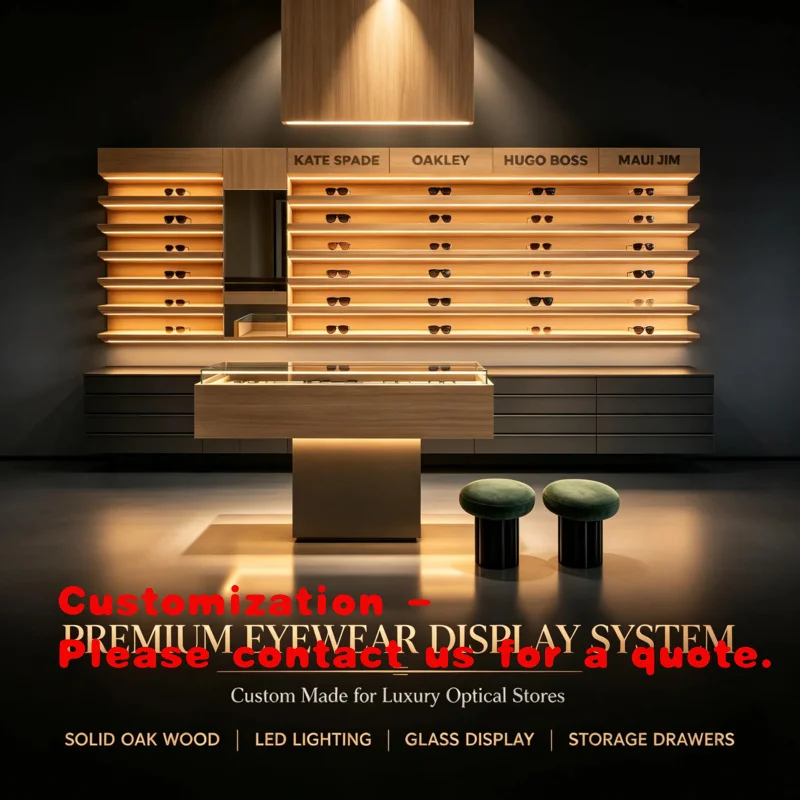 custom.Custom Complete Partition Optical Shop Wall Display System LED Light Wooden Eyewear Wall Shelf Glass Counter Recept