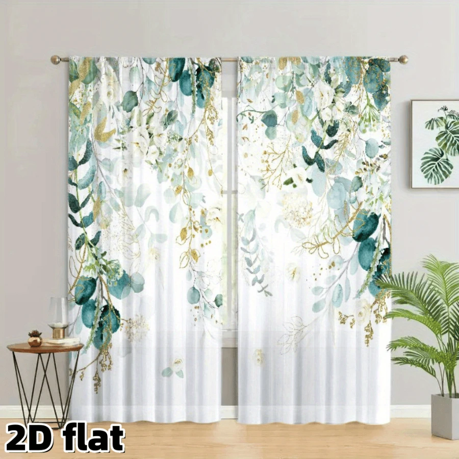 2PCS Digital Printed Curtains, Golden Eucalyptus Leaf Luxury Botanical, Modern Home Decor Style for Living Room Bedroom Decor