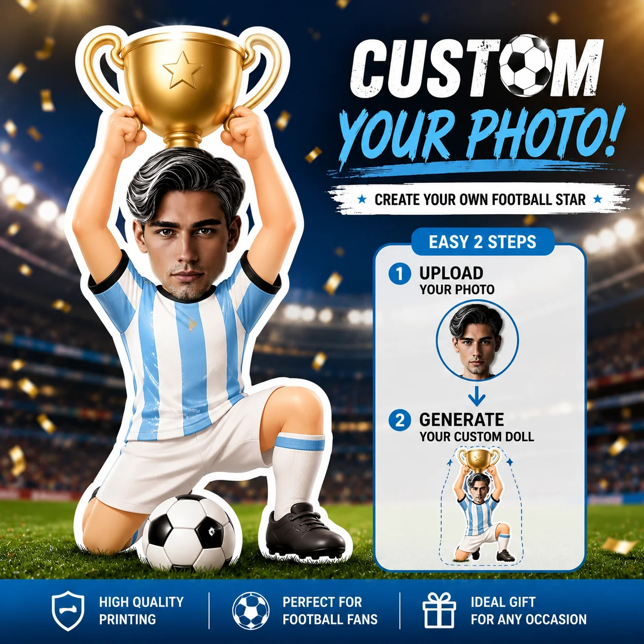 Customized Football Pillow, Championship Trophy-Shaped Human Head Cushion, Personalized Q-Version Football Star Model, Birthday Gift for Football Fans, Creative Commemorative Gift